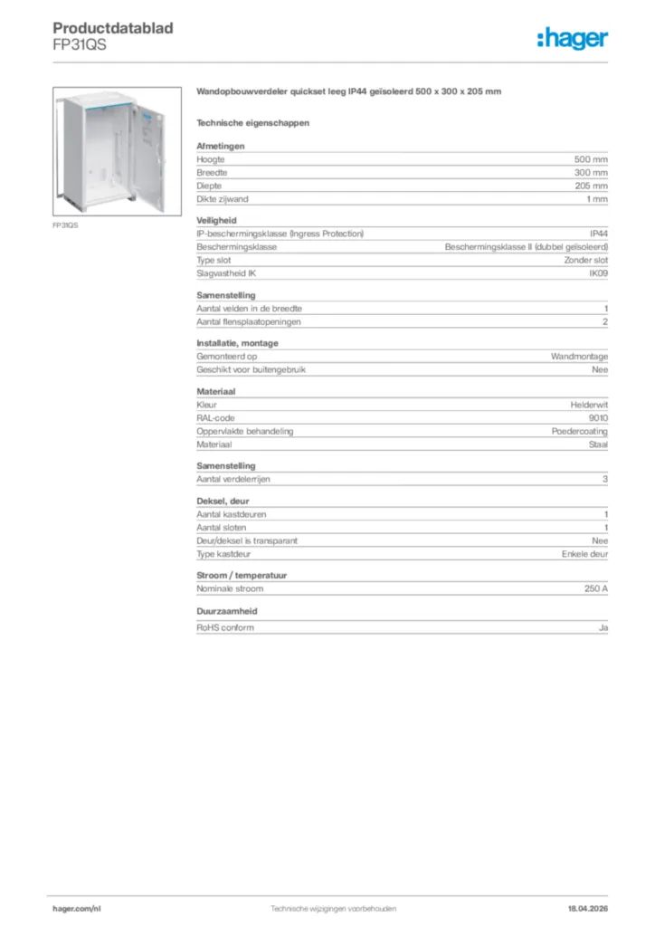 Afbeelding Hager Productdatablad FP31QS | Hager Nederland