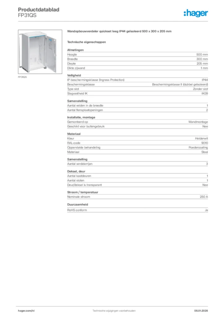 Afbeelding Hager Productdatablad FP31QS | Hager Nederland