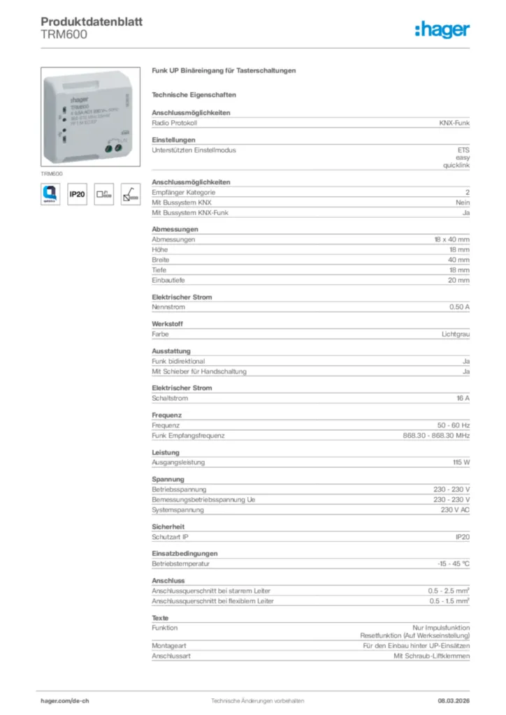 Bild Hager Produktdatenblatt TRM600 | Hager Schweiz