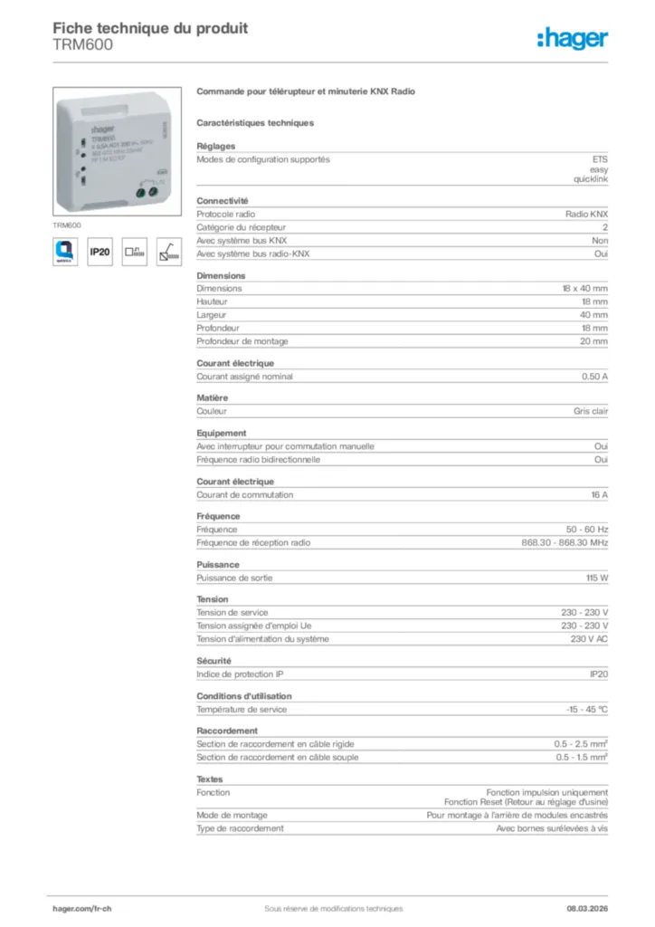Image Hager Fiche technique du produit TRM600 | Hager Suisse
