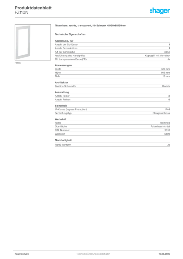 Hager Produktdatenblatt FZ110N