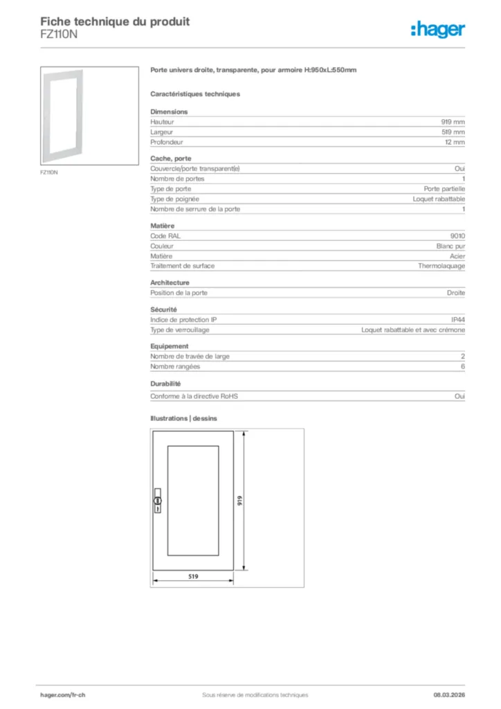 Image Hager Fiche technique du produit FZ110N | Hager Suisse
