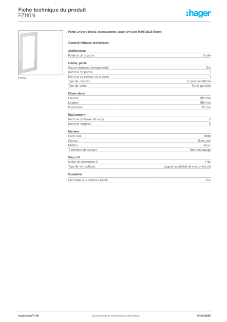 Image Hager Fiche technique du produit FZ110N | Hager Suisse