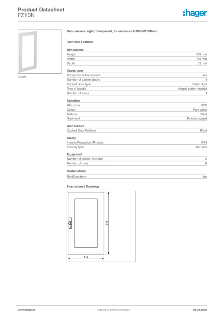 Image Hager Product data sheet FZ110N  | Hager