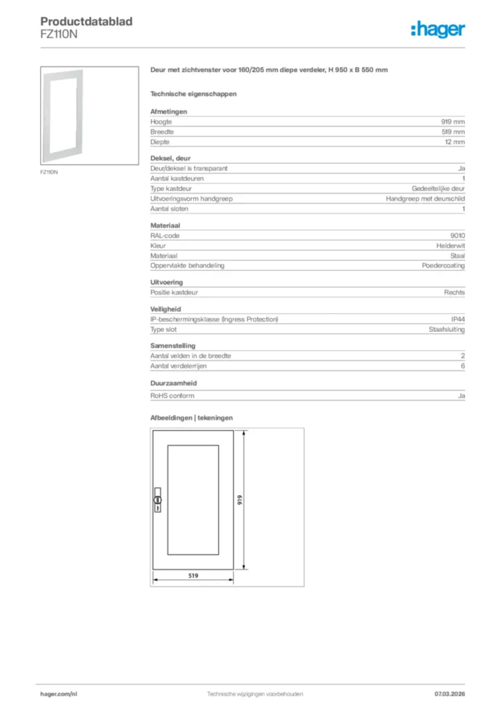 Afbeelding Hager Productdatablad FZ110N | Hager Nederland