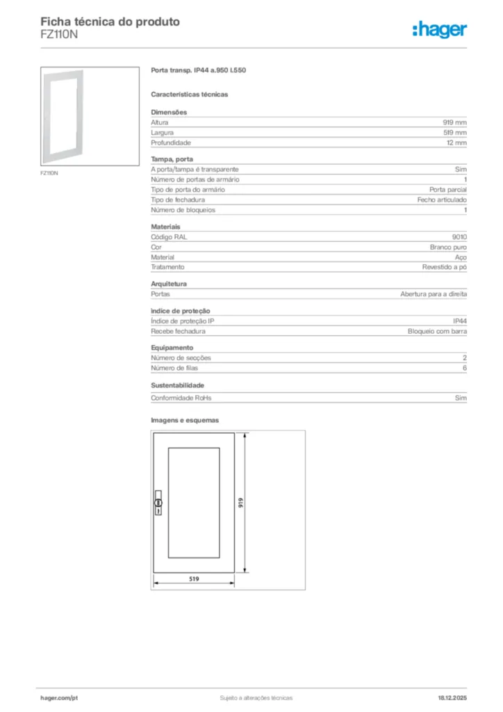 Imagem Hager Ficha técnica do produto FZ110N | Hager Portugal