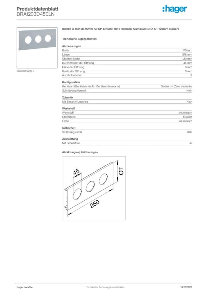 Bild Hager Produktdatenblatt BRA1203D45ELN | Hager Deutschland