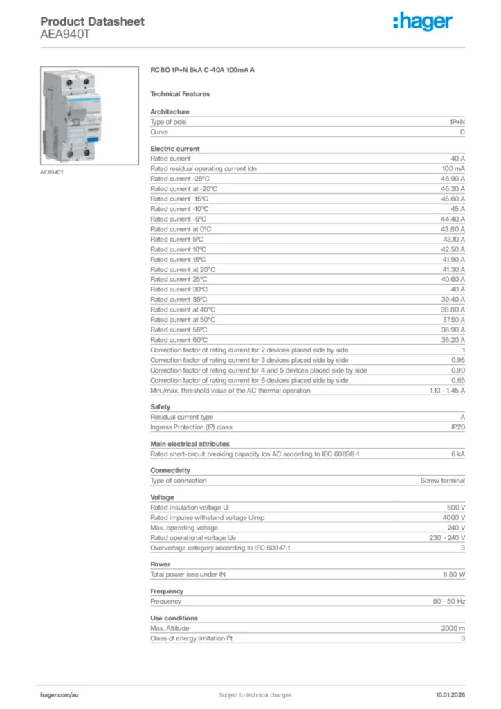 Image Hager Product data sheet AEA940T  | Hager Australia