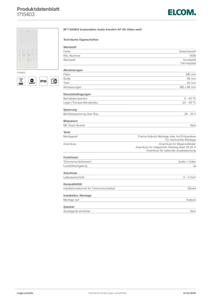 Bild Elcom Produktdatenblatt 1715403 | Hager Deutschland