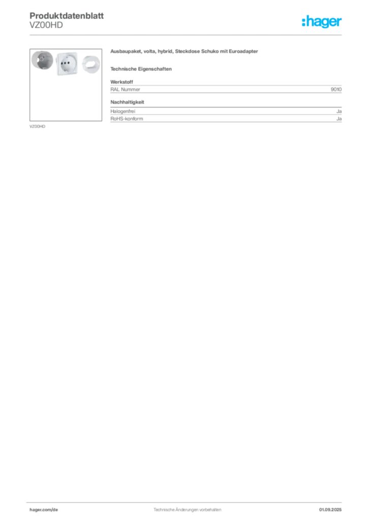 Bild Hager Produktdatenblatt VZ00HD | Hager Deutschland