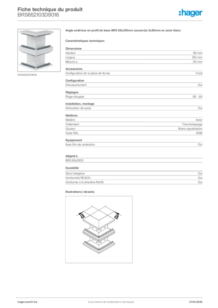 Image Hager Fiche technique du produit BRS652103D9016 | Hager Belgique