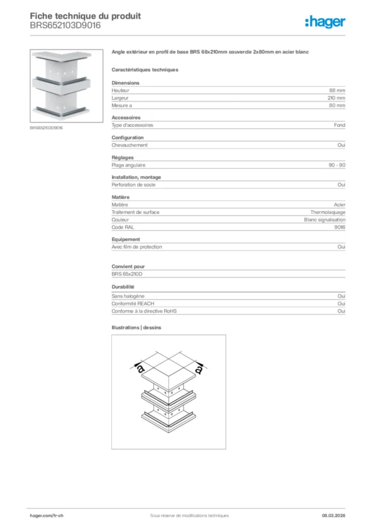 Image Hager Fiche technique du produit BRS652103D9016 | Hager Suisse