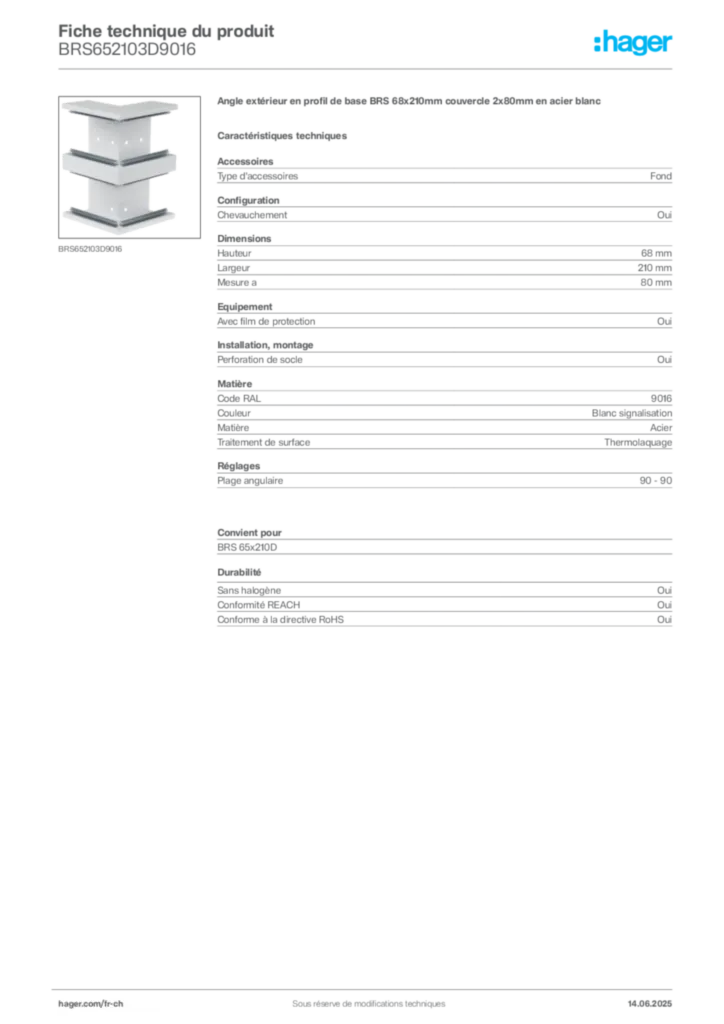 Image Hager Fiche technique du produit BRS652103D9016 | Hager Suisse