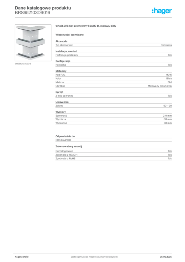 Zdjęcie Hager Karta katalogowa BRS652103D9016 | Hager Polska