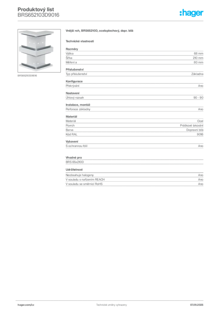 Obrázek Hager Produktový list BRS652103D9016 | Hager