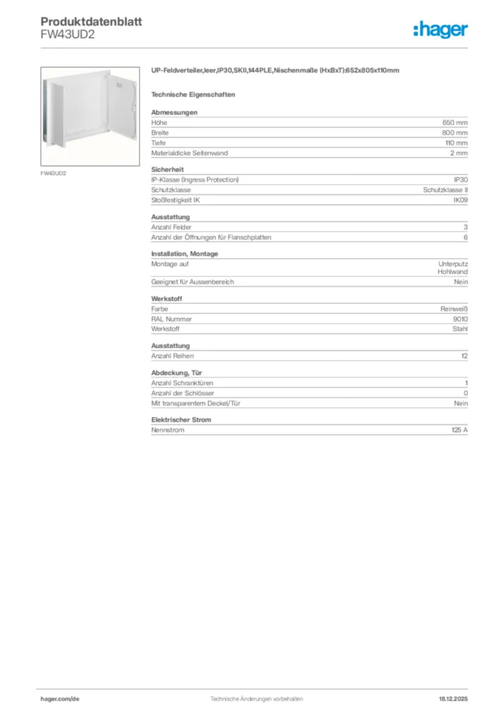 Bild Hager Produktdatenblatt FW43UD2 | Hager Deutschland