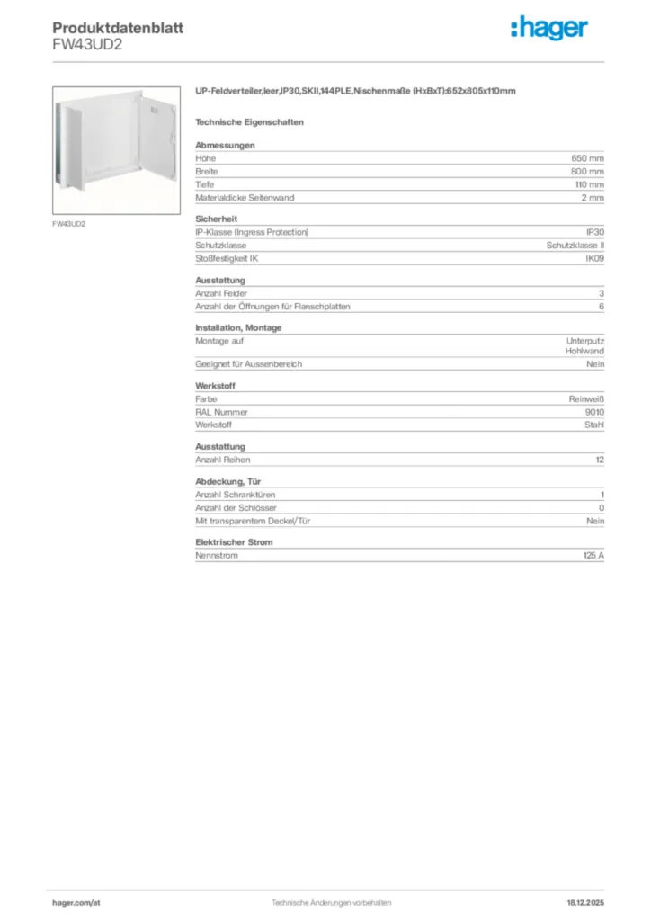 Bild Hager Produktdatenblatt FW43UD2 | Hager Deutschland