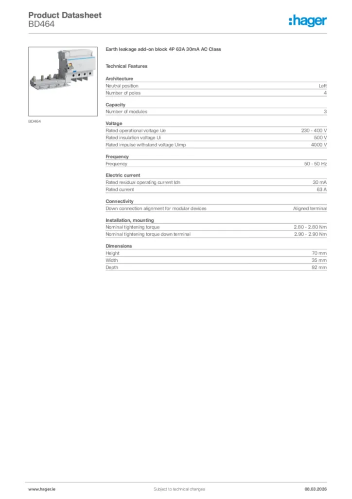 Image Hager Product data sheet BD464  | Hager
