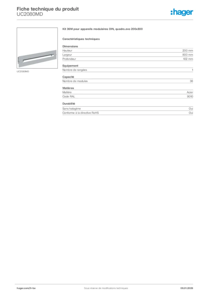 Image Hager Fiche technique du produit UC2080MD | Hager Belgique