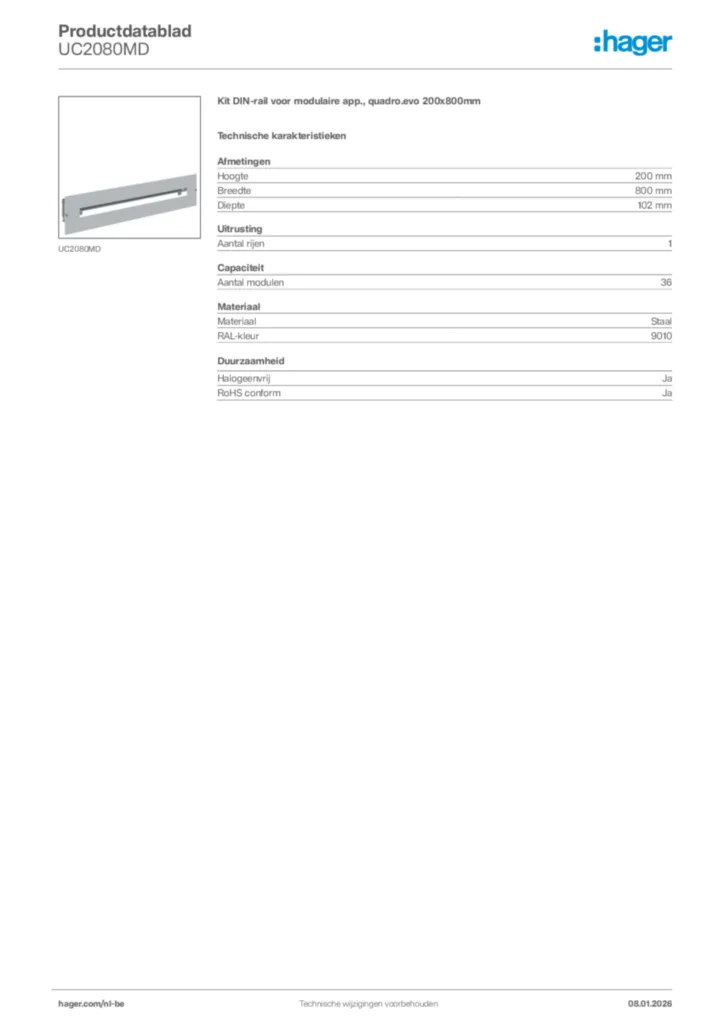 Afbeelding Hager Productdatablad UC2080MD | Hager Belgium