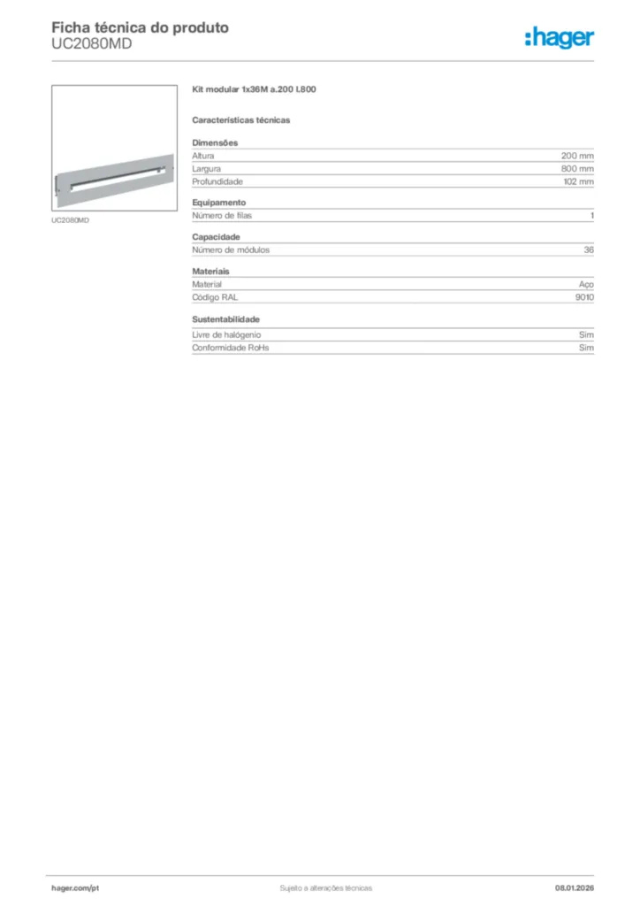 Imagem Hager Ficha técnica do produto UC2080MD | Hager Portugal