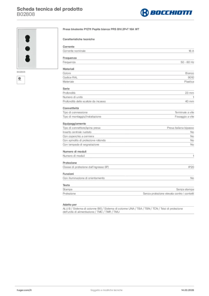 Immagine Bocchiotti Scheda tecnica del prodotto B02808 | Hager Italia