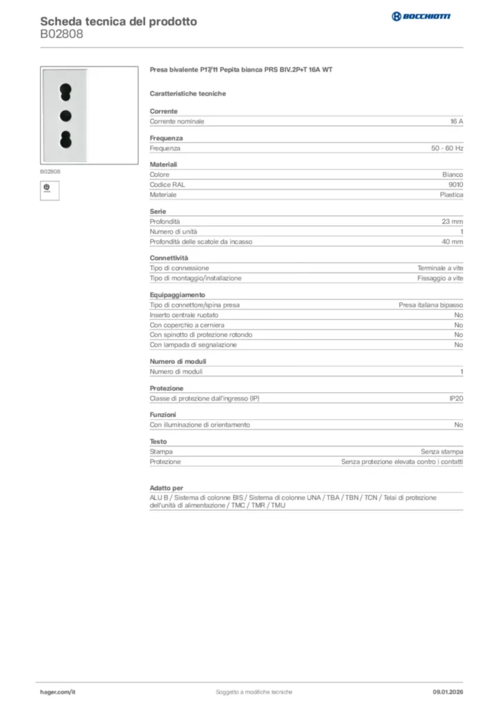 Immagine Bocchiotti Scheda tecnica del prodotto B02808 | Hager Italia