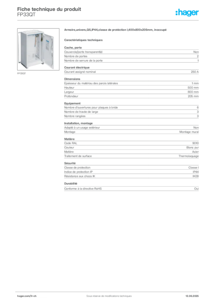 Image Hager Fiche technique du produit FP33QT | Hager Suisse