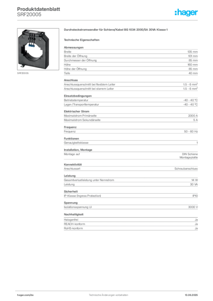 Hager Produktdatenblatt SRF20005