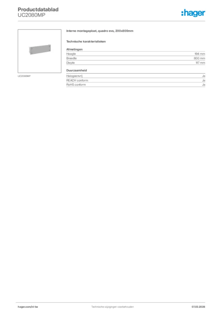 Afbeelding Hager Productdatablad UC2080MP | Hager Belgium