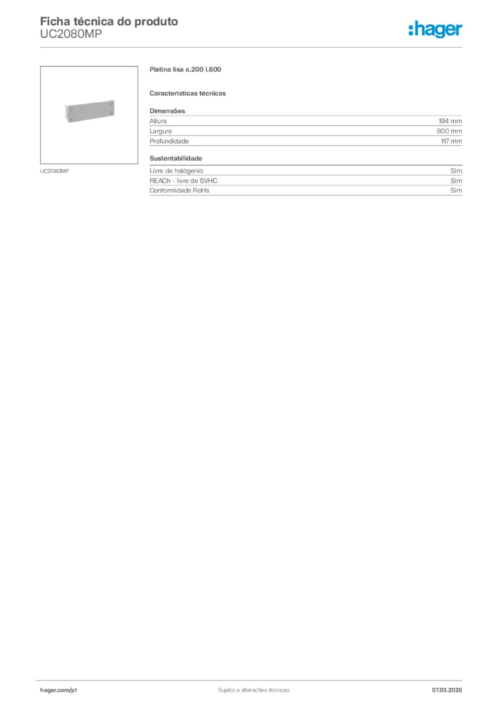 Imagem Hager Ficha técnica do produto UC2080MP | Hager Portugal
