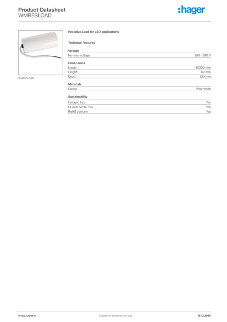 Image Hager Product data sheet WMRESLOAD  | Hager