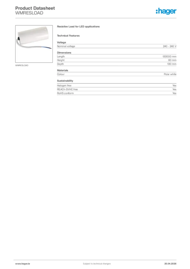 Image Hager Product data sheet WMRESLOAD  | Hager