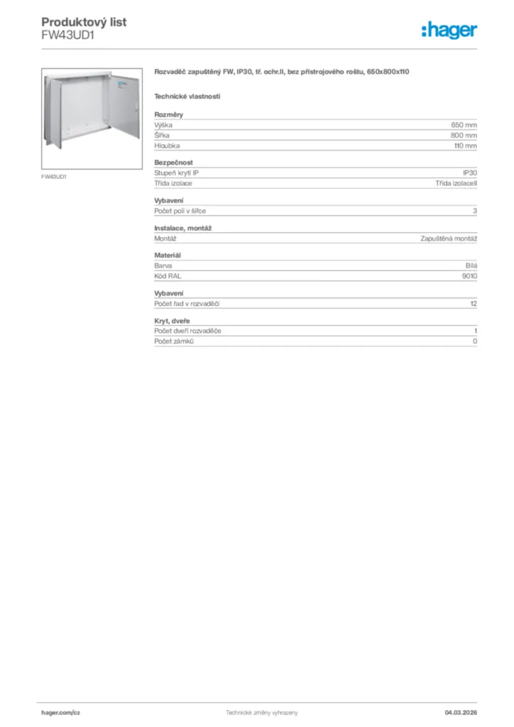 Obrázek Hager Product data sheet FW43UD1 | Hager