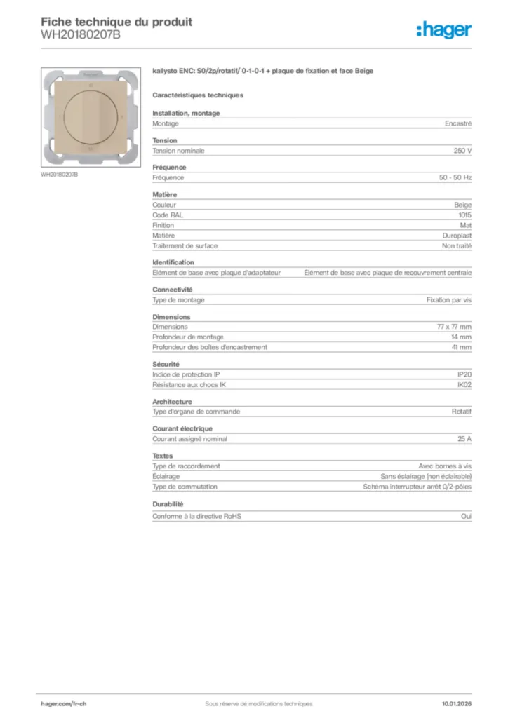 Image Hager Fiche technique du produit WH20180207B | Hager Suisse
