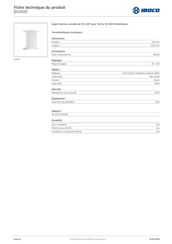 Image Iboco Fiche technique du produit B04551 | Hager France