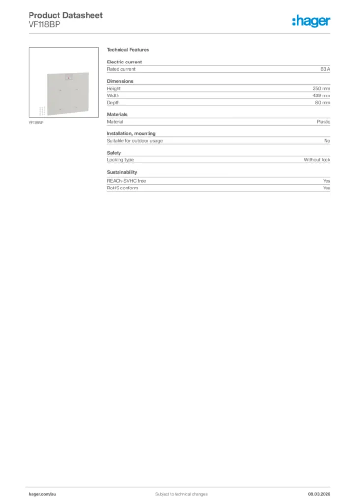 Image Hager Product data sheet VF118BP  | Hager Australia