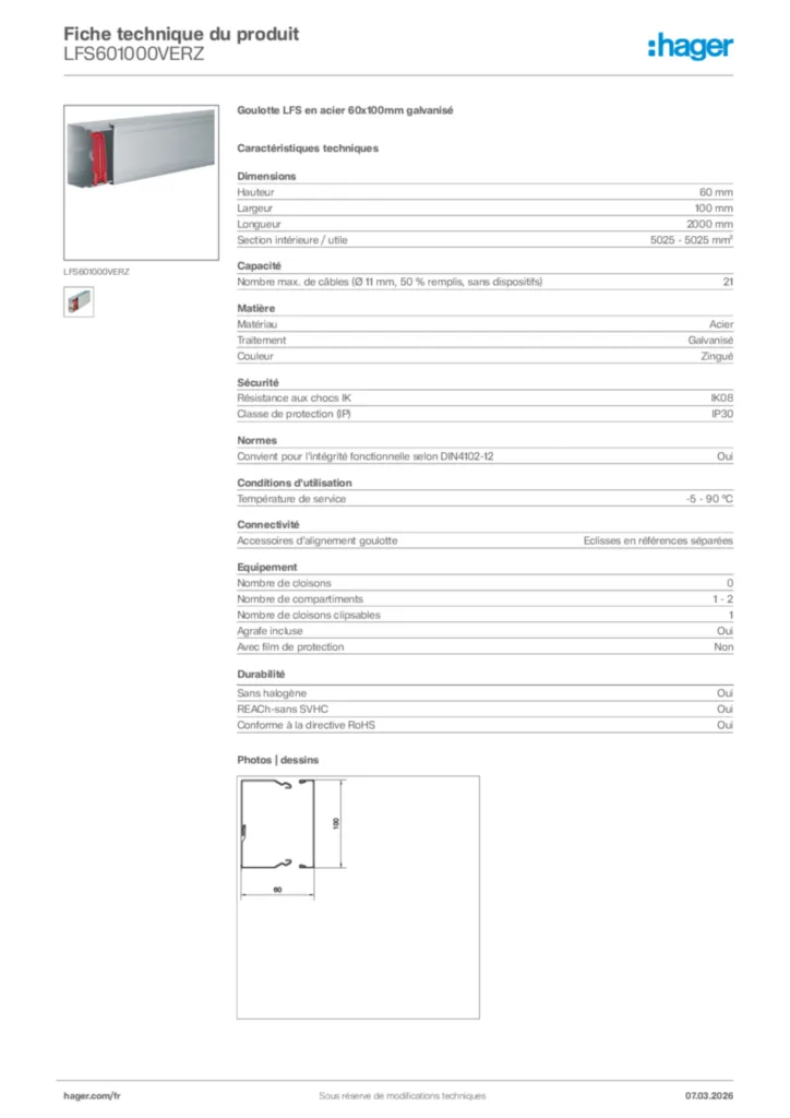 Image Hager Fiche technique du produit LFS601000VERZ | Hager France