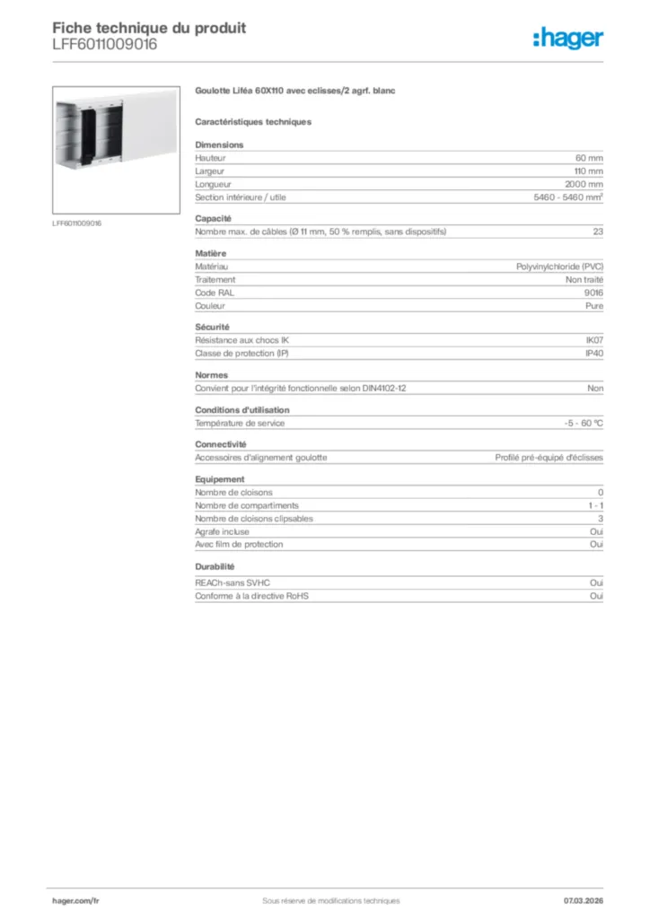 Image Hager Fiche technique du produit LFF6011009016 | Hager France