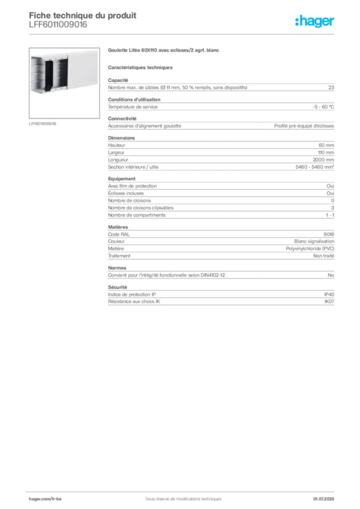 Image Hager Fiche technique du produit LFF6011009016 | Hager Belgique