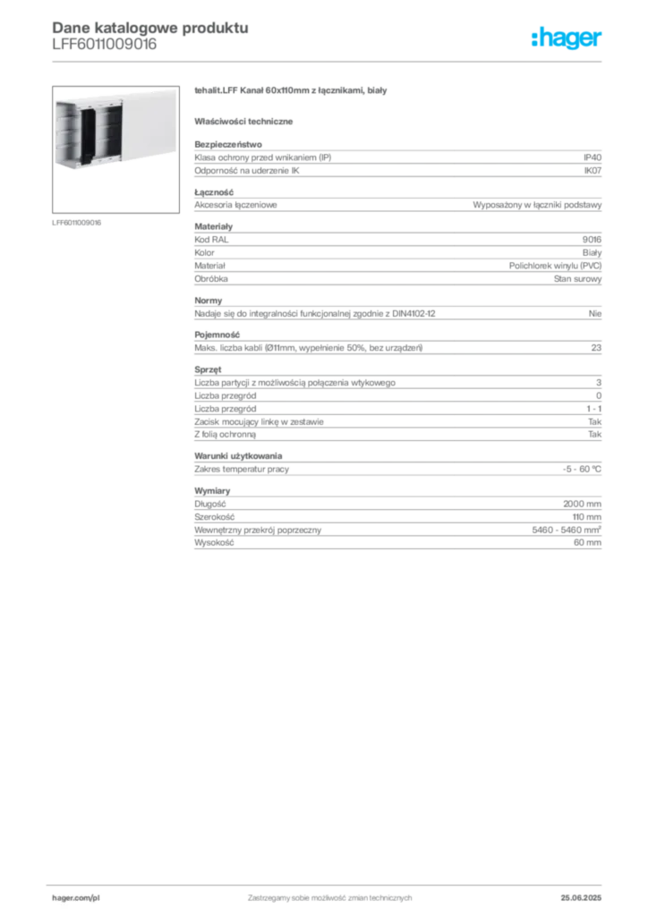 Zdjęcie Hager Karta katalogowa LFF6011009016 | Hager Polska