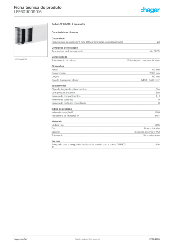 Imagem Hager Ficha técnica do produto LFF6011009016 | Hager Portugal