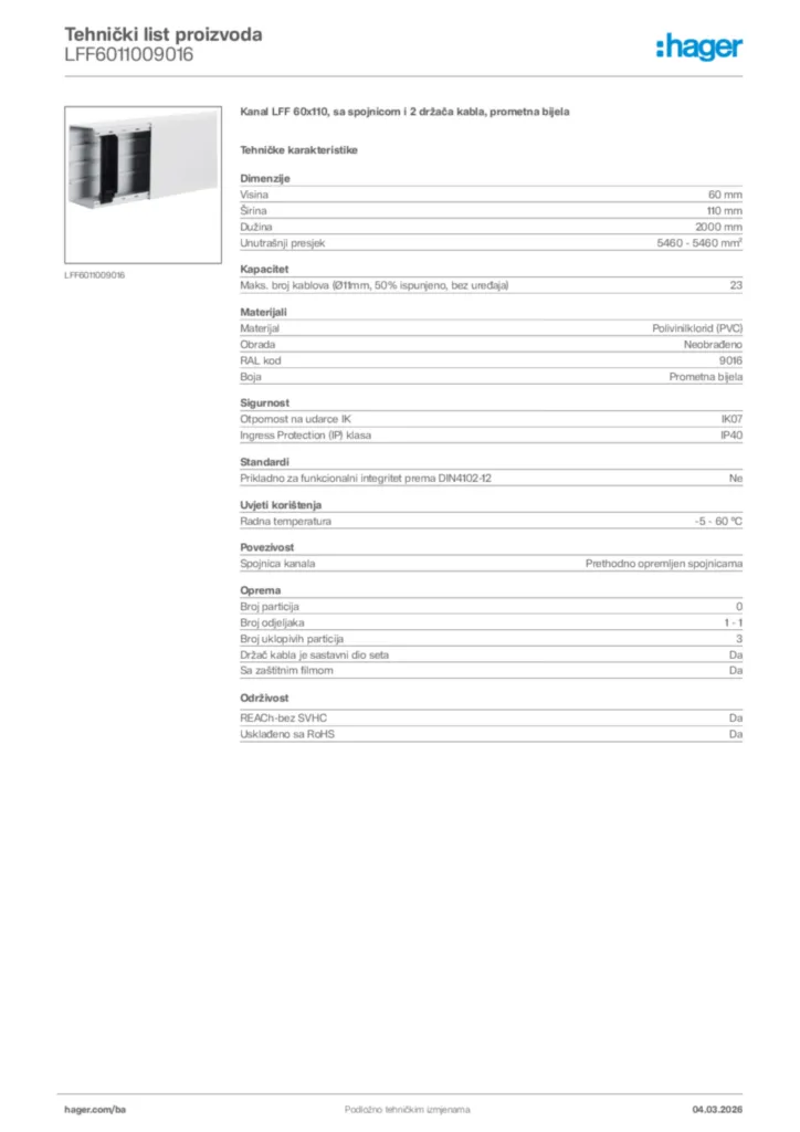 Slika Hager Tehnički list proizvoda LFF6011009016  | Hager