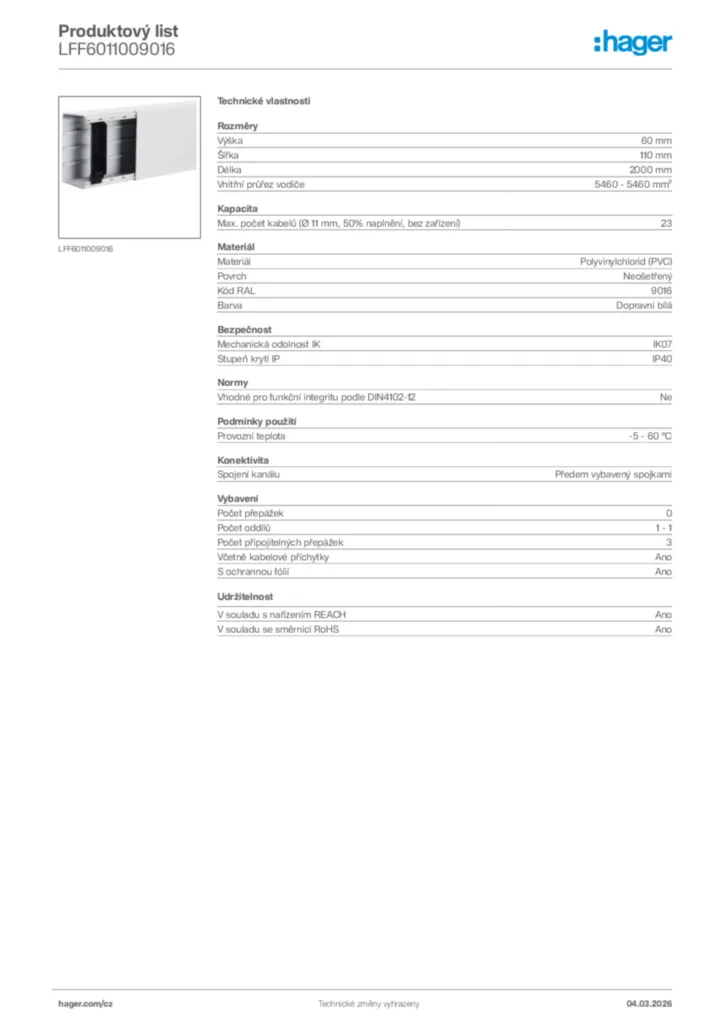 Obrázek Hager Product data sheet LFF6011009016 | Hager