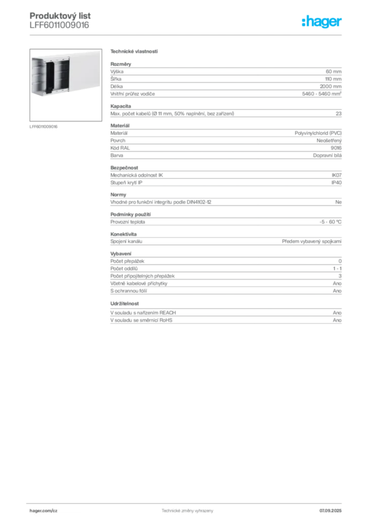 Obrázek Hager Produktový list LFF6011009016 | Hager