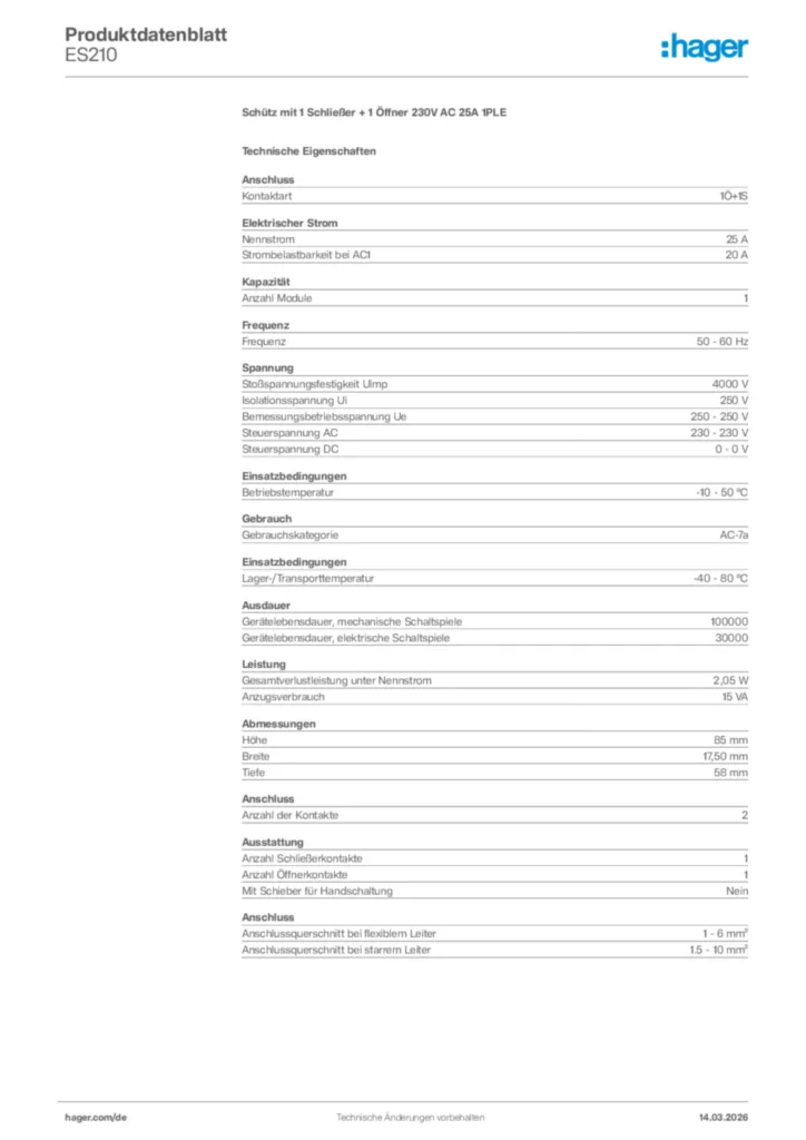 Bild Hager Produktdatenblatt ES210 | Hager Deutschland