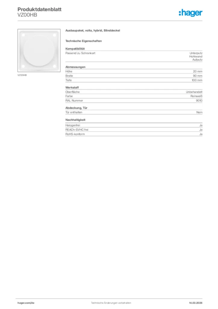 Bild Hager Produktdatenblatt VZ00HB | Hager Deutschland