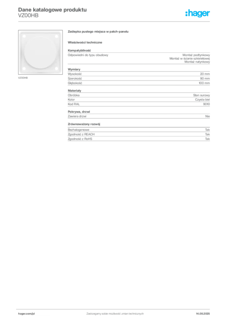 Zdjęcie Hager Karta katalogowa VZ00HB | Hager Polska