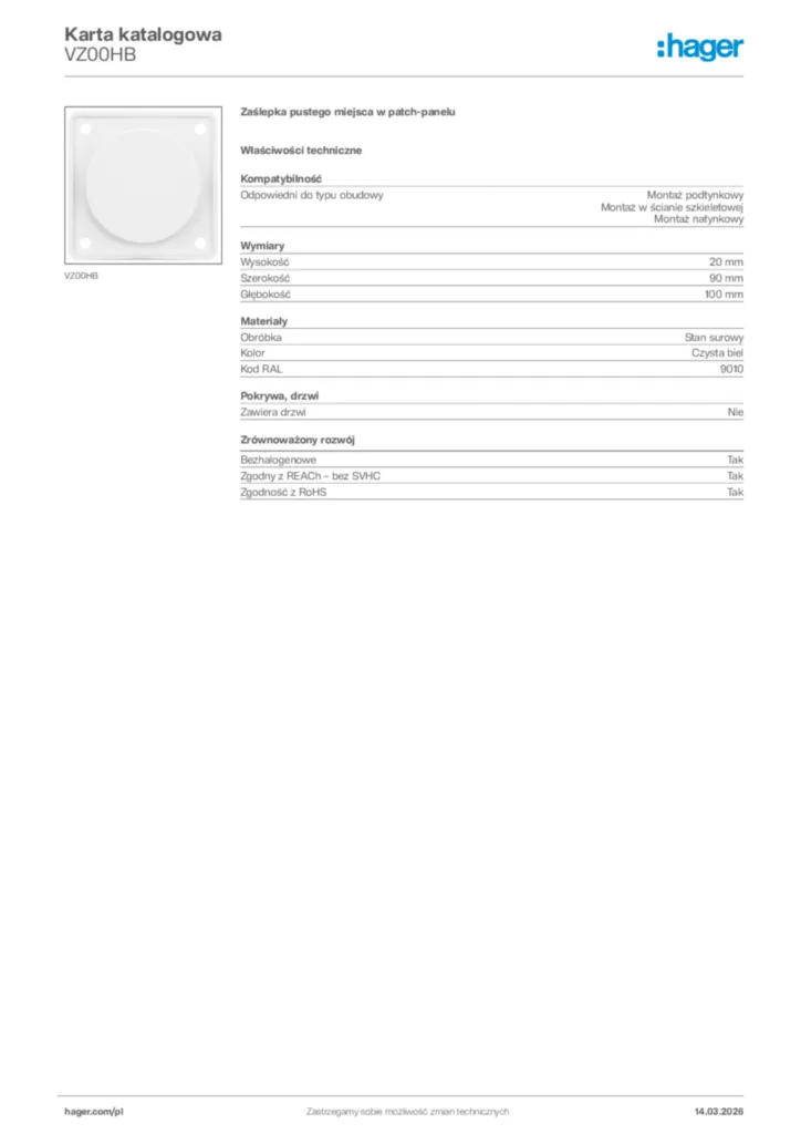 Zdjęcie Hager Karta katalogowa VZ00HB | Hager Polska