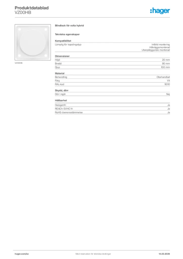 Bild Hager Produktdatablad VZ00HB | Hager Sverige